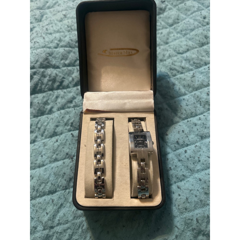 Marco Max Womens Silver Tone Watch and Bracelet Set Black Rectangular‎ Dial